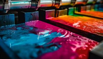 Vibrant colors splashing, machinery pouring liquid, metal workshop heat generated by AI photo