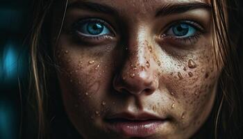 Sad young woman staring at raindrop, wet and melancholic generated by AI photo