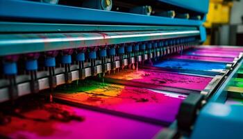 Modern textile industry uses automated machinery for multi colored variation generated by AI photo