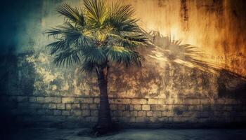 Ancient architecture, rusty walls, palm trees, and tropical sunset backdrop generated by AI photo