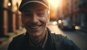 confidente atleta sonriente al aire libre en ciudad, disfrutando ocio actividad generado por ai foto