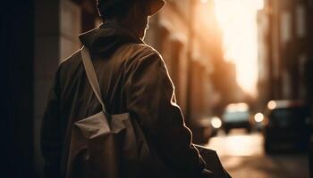 Businessman walking in city traffic, rear view, elegant suit generated by AI photo