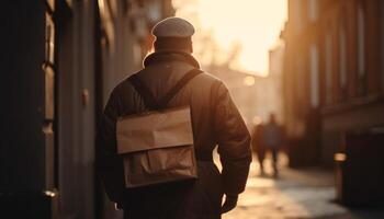 Successful businessman walking in city with winter bag and jacket generated by AI photo