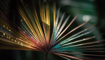 Vibrant green palm tree branch in defocused forest backdrop generated by AI photo