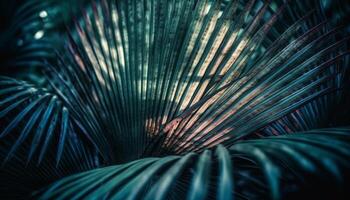 Vibrant palm fronds in a row, glowing yellow in darkness generated by AI photo