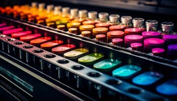 A large collection of multi colored bottles in a laboratory generated by AI photo