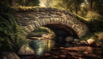 Ancient stone bridge arches over tranquil water in forest ravine generated by AI photo