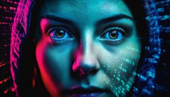 adult woman staring at camera in futuristic computer generated portrait generated by AI photo