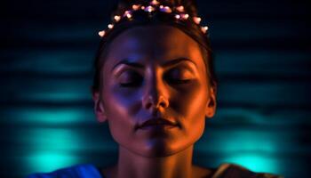Beautiful young adult woman with closed eyes, illuminated in blue generated by AI photo