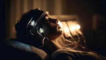 joven mujer disfrutando la vida nocturna a un Club nocturno, escuchando a música generado por ai foto
