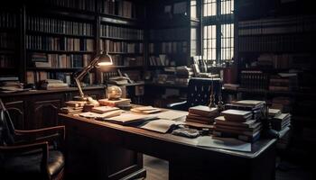 Stacks of old books on a large bookshelf in library generated by AI photo