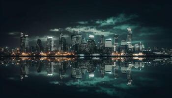 Modern skyline illuminates waterfront city with futuristic architecture and reflection generated by AI photo