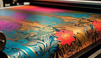 Vibrant colors and ornate floral patterns adorn the embroidered rug generated by AI photo
