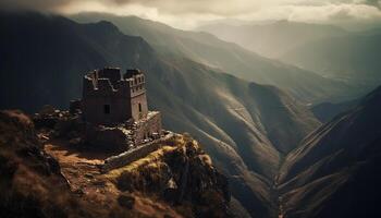 Majestic mountain range, ancient ruins, and medieval architecture in fog generated by AI photo