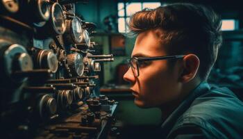 Young adult Caucasian male concentrating on machinery in workshop generated by AI photo