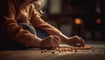 One woman holding coffee cup, sitting on flooring indoors generated by AI photo