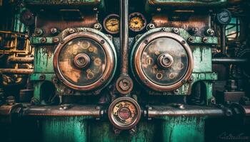 Rusty machinery in old factory, metal worker repairing broken equipment generated by AI photo