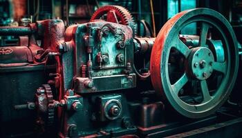 Antique machinery in old workshop, metal worker repairing industrial equipment generated by AI photo