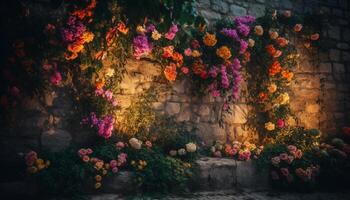 Vibrant bouquet of multi colored flowers adorn rustic brick wall backdrop generated by AI photo