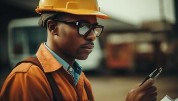 Confident young adult engineer working outdoors with hardhat and technology generated by AI photo