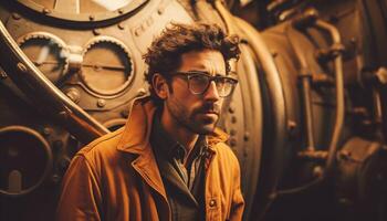 Confident adult male with beard and eyeglasses working machinery indoors generated by AI photo