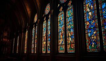 gótico arquitectura, manchado vaso, y espiritualidad iluminar Colonia famoso catedral generado por ai foto