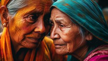 Two senior women smiling outdoors in traditional Indian clothing generated by AI photo