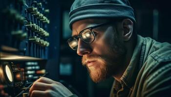 Confident young adult male with beard and eyeglasses working indoors generated by AI photo