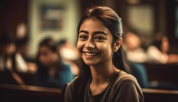 joven mujer estudiando en un alegre salón de clases con con dientes sonrisas generado por ai foto