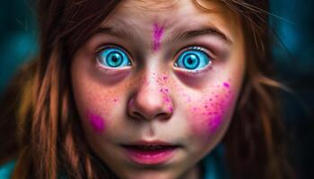 linda niña con marrón pelo y azul ojos jugando al aire libre felizmente generado por ai foto