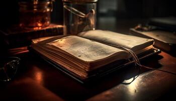 antiguo Biblia en antiguo pasado de moda mesa aprendizaje sabiduría desde religioso textos generado por ai foto