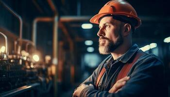 Confident young adult engineer standing indoors in construction industry workshop generated by AI photo