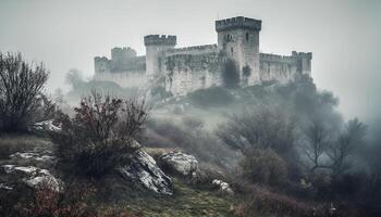 Ancient ruined architecture surrounded by fog in a spooky landscape generated by AI photo