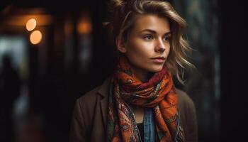 Young adult woman, confident and fashionable, standing outdoors in autumn generated by AI photo