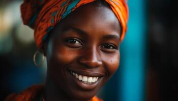 Smiling young African woman with toothy smile exudes confidence outdoors generated by AI photo