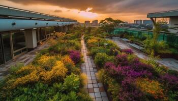 Beauty in nature architecture sunset sky, multi colored flowers, green grass generated by AI photo