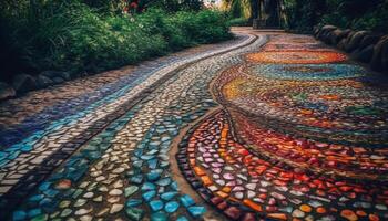 Tranquil summer footpath curves through multi colored forest landscape generated by AI photo