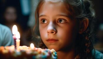 Cute Caucasian girl smiling with candle flame at birthday party generated by AI photo