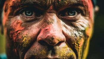 alegre hombres en competitivo deporte celebrar con cara pintar y determinación generado por ai foto