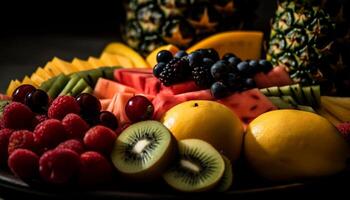 vistoso Fruta ensalada con jugoso bayas y Fresco agrios rebanadas generado por ai foto