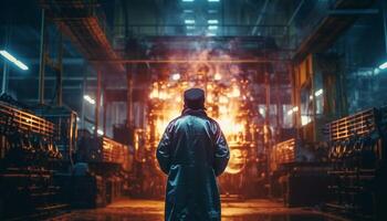 One person in protective workwear standing in glowing steel mill generated by AI photo