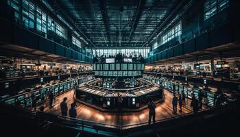 Modern city life at night, inside of a futuristic glass factory generated by AI photo