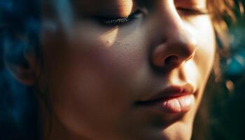 Young woman smiling in nature, enjoying the summer sunlight generated by AI photo