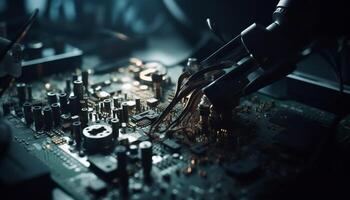 Selective focus on soldered electrical components in semiconductor industry workshop generated by AI photo