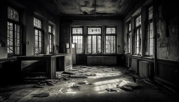 Spooky old factory with broken windows and rusty architecture generated by AI photo