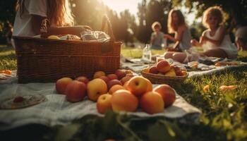 familia picnic en naturaleza, disfrutando Fresco Fruta y sano comiendo generado por ai foto