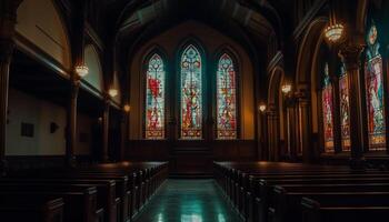 dentro el majestuoso gótico estilo abadía, el iluminado manchado vaso ventanas iluminar el silencio capilla generado por ai foto