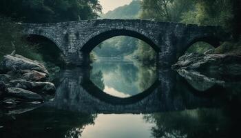 Tranquil reflection of ancient bridge in misty autumn forest generated by AI photo