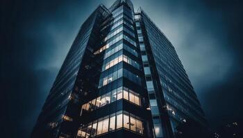 Modern skyscraper reflects futuristic city life in illuminated steel facade generated by AI photo