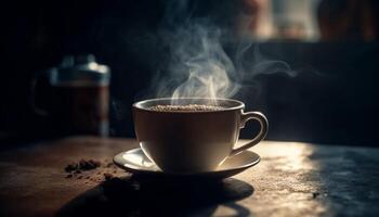 Hot steam rises from rustic coffee mug on wooden table generated by AI  25496489 Stock Photo at Vecteezy